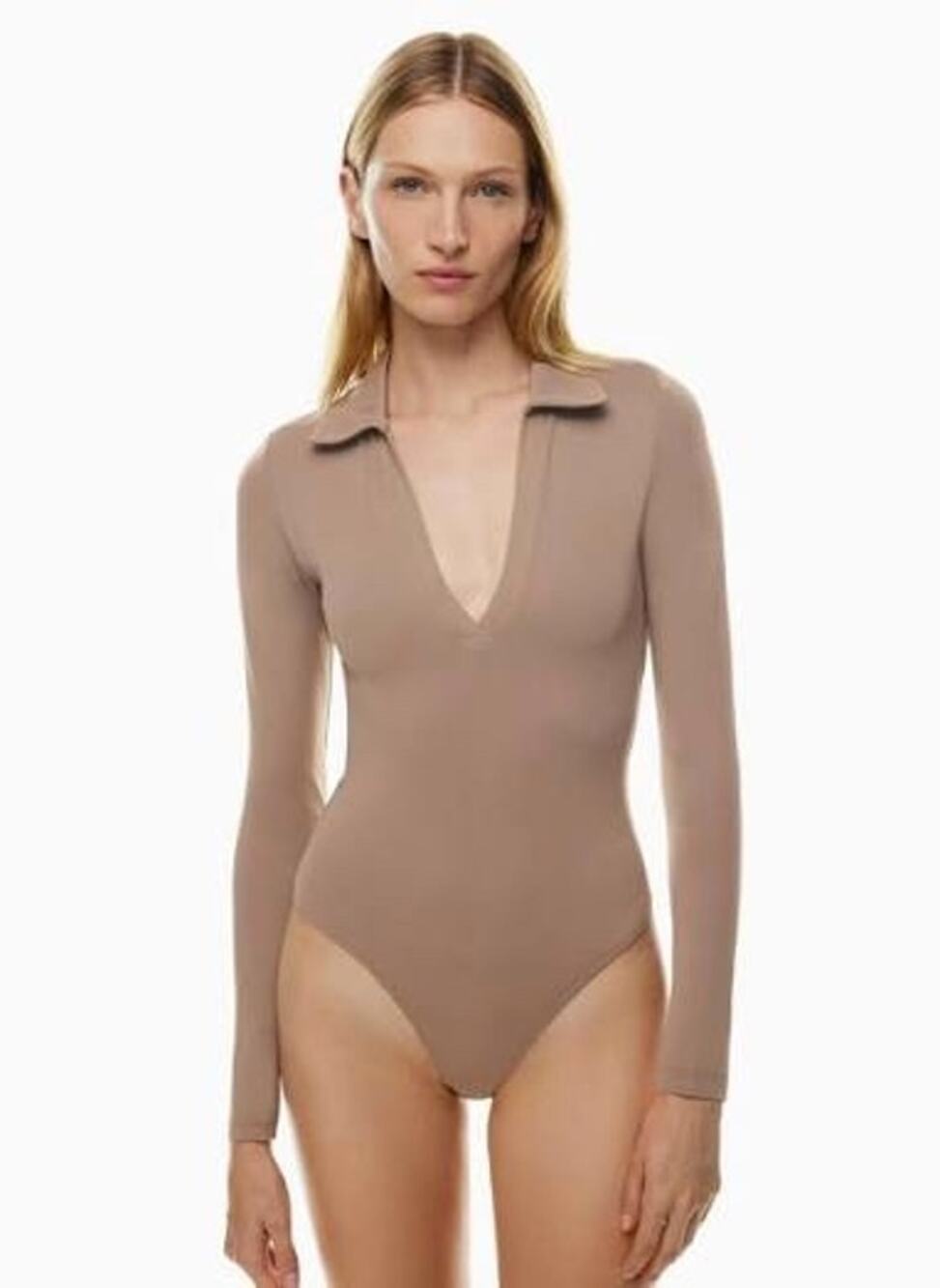 Aritzia Babaton Contour Polo Long Sleeve Bodysuit Size L Deep Taupe Minimalist